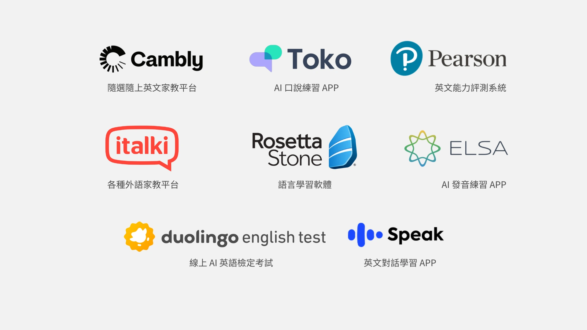 Cambly, Toko, Pearson,italki, Rosetta Stone, ELSA Speak, Duolingo English Test, Speak