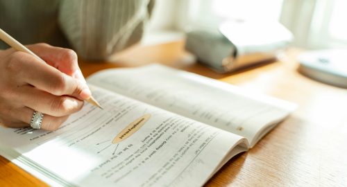 a human studying with a textbook